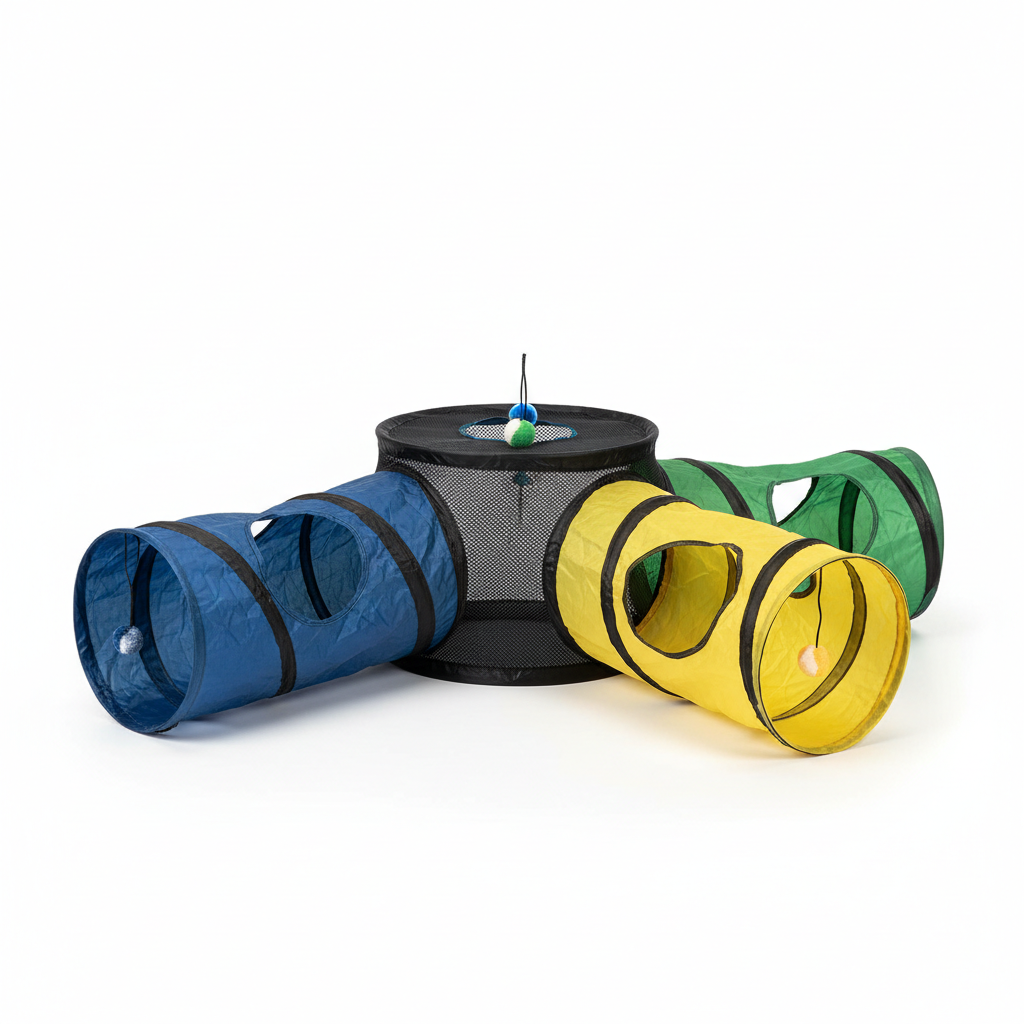 3-way cat tunnel toy side view showing collapsible structure