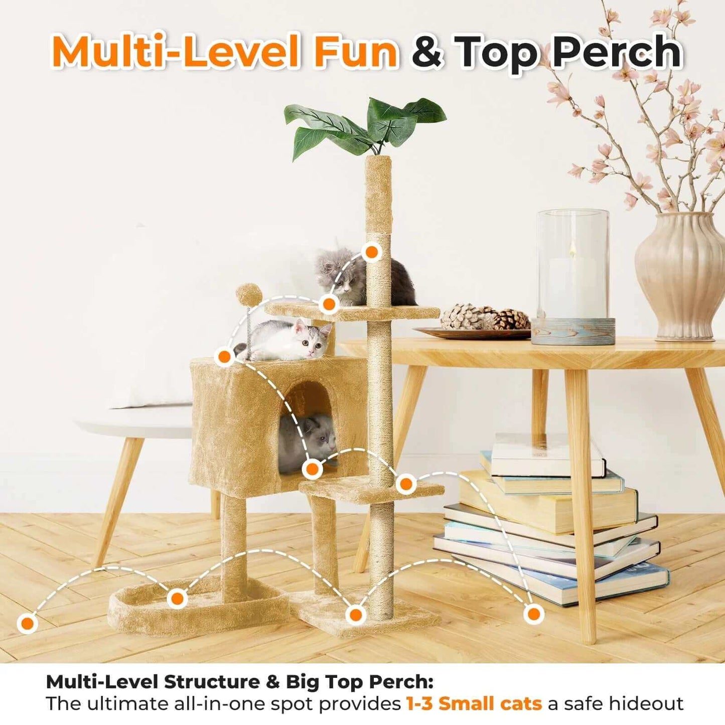 Cat Tree,52" Cat Tower for Indoor Cats, Cat Tree with Scratching Posts Plush Perch Stand, Cat Condo with Funny Toys Kittens Pet Play House,Beige