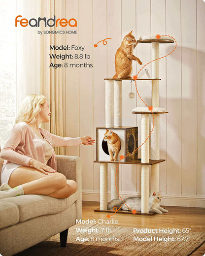 Woodywonders Cat Tree, 65-Inch Modern Cat Tower for Indoor Cats, Multi-Level Cat Condo with 5 Scratching Posts, Perch, Washable Removable Cushions, Cat Furniture, Rustic Brown UPCT166X01