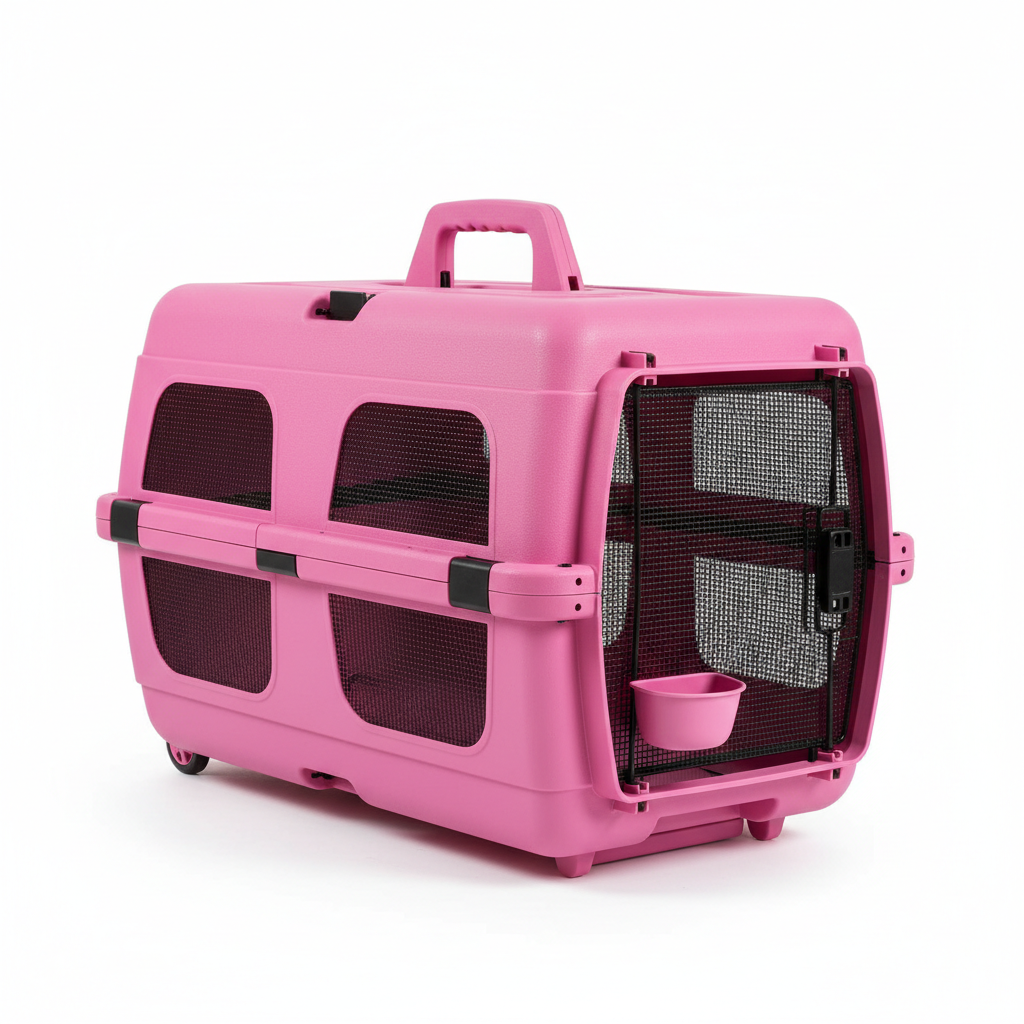 Large pink pet carrier side view showing ventilation mesh panels