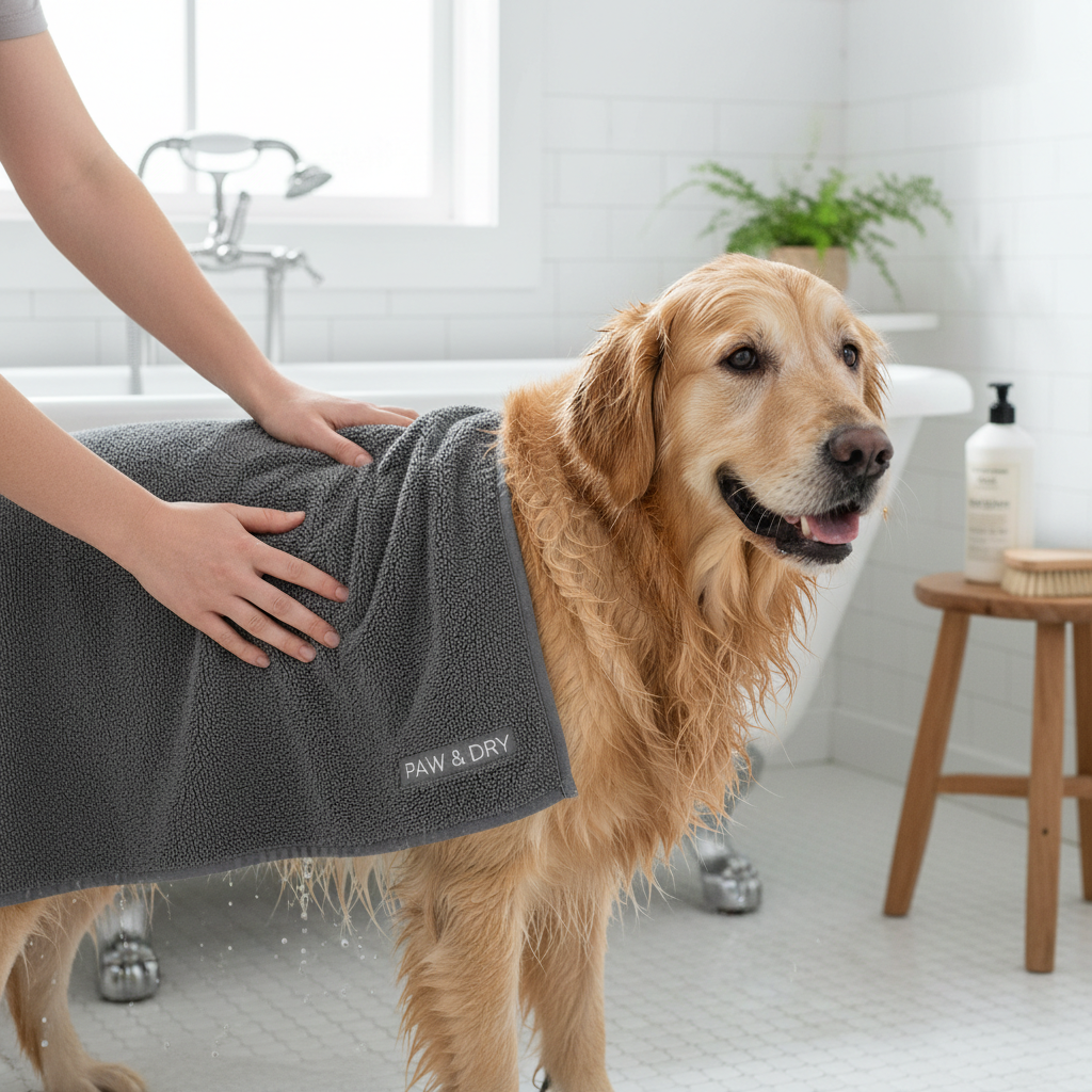 Using grey shammy towel to dry wet golden retriever after bath