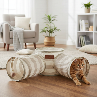 Tabby cat playing and peeking out of 3-way tunnel toy