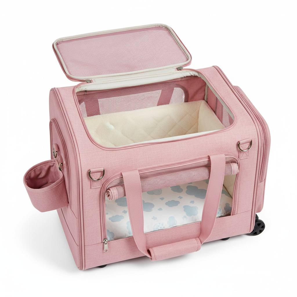 Interior view of large pink pet carrier showing padding