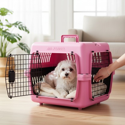 Small dog comfortably inside large pink pet carrier