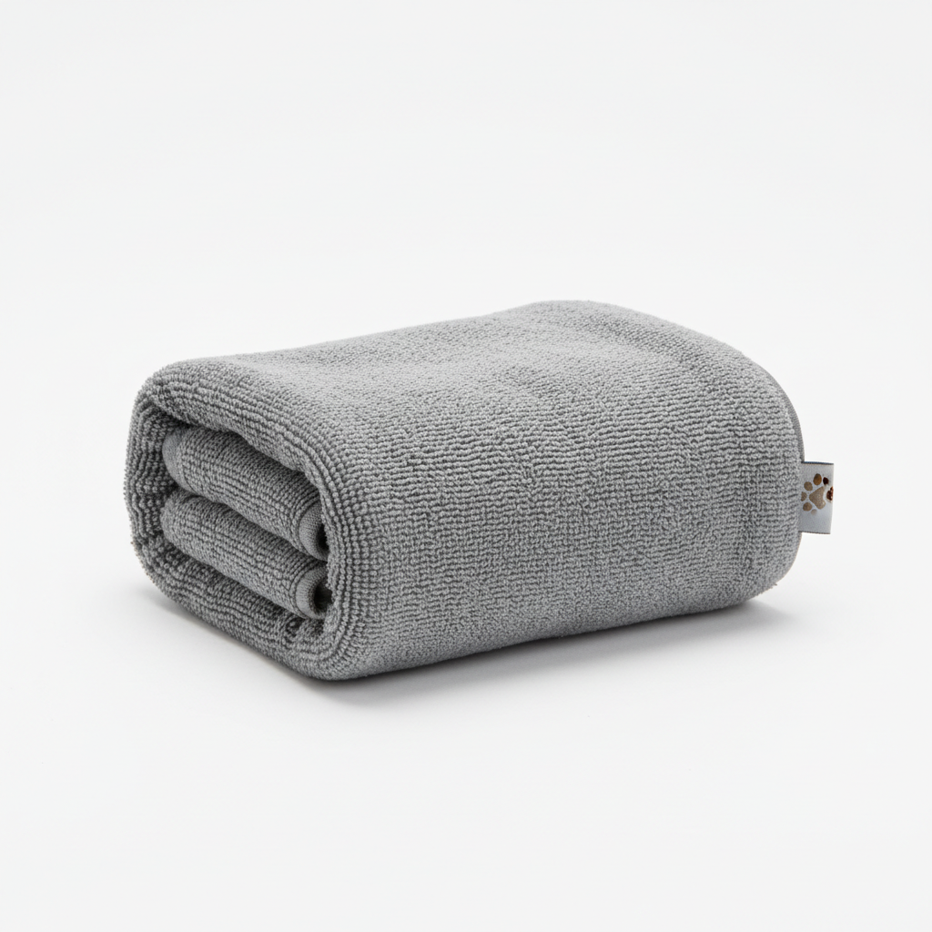Grey shammy dog towel folded showing compact size