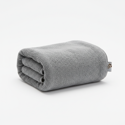 Grey shammy dog towel folded showing compact size